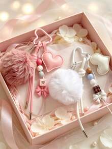 Korean Cute Fluffy Pom-Pom Beaded Keyring, Carabiner Phone Lanyard Bag Accessory - Multicolor - View 2