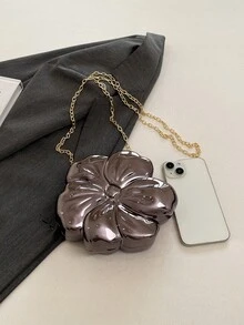 槍黑色花卉鏈條女款高端晚宴手拿包 鏡面硬殼包 金色斜跨禮服飾品 - 槍色 - 查看 11