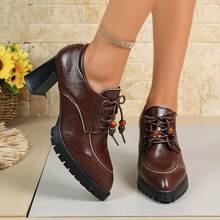 Brown Pointed Toe Chunky Heel Lace-Up Pumps For Women, Oil Wax Leather Beaded Thick Sole Retro Commute British Style High Heel Shoes - Rust Brown - View 9