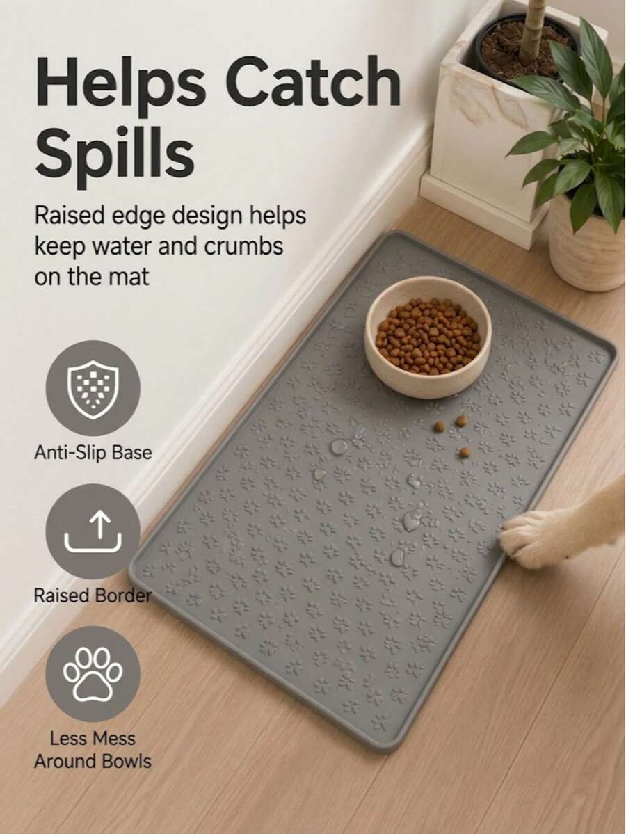 1pc Silicone Pet Feeding Mat With High Edge Design, Waterproof Anti-Spill Dog & Cat Food Mat, Non-Slip Paw Pattern Water Bowl Placemat, Washable Wipeable Rollable Floor Protection Tray, Suitable For Puppies & Kittens - Grey - View 1