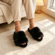 Women's Two Band Faux Fur Slide Slippers, Fluffy Open Toe House Slippers, Soft Non-Slip Indoor Bedroom Home Shoes - Black - View 5