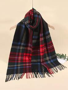 1pc Women/Unisex New Arrival Autumn/Winter British Style Faux Wool Thicken Plaid Tassel Scarf, Warm And Soft, Suitable For Daily Use,Beach,Holiday - Wine Red Gray - View 16