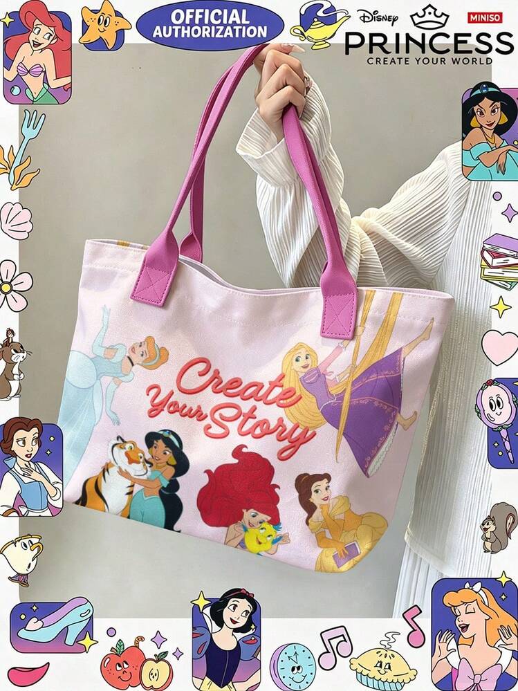 Miniso Disney Princess Canvas Tote Bag With Light Pink Multi-Princess & "Create Your Story" Print For Daily Use - Pink - View 3