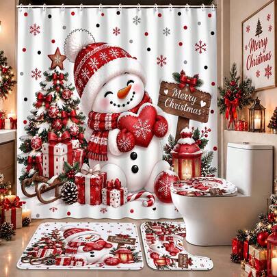 1/3/4pcs Christmas Cartoon Polka Dot Snowflake Snowman Shower Curtain Set, With 12 Hooks Waterproof Polyester Shower Curtain, Bathroom Curtain, Privacy, Thickened, Durable Quick Dry, 180*180cm Size, Bathroom Decor, Bathroom Accessories, Bathroom Non-Slip Mat, Bathroom Curtain Shower Set, Home Decor, Christmas Decoration, Holiday Gift