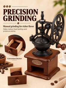 Vintage Ferris Wheel Manual Coffee Grinder, Solid Wood Base, Cast Iron Retro Hand Crank Coffee Bean Grinder, Classic Nostalgic Design, Home Coffee Bar Countertop Decor, Precise Conical Grinding, Suitable For Pour-Over Coffee Home Accessory - Multiple Styles and Colors - View 1