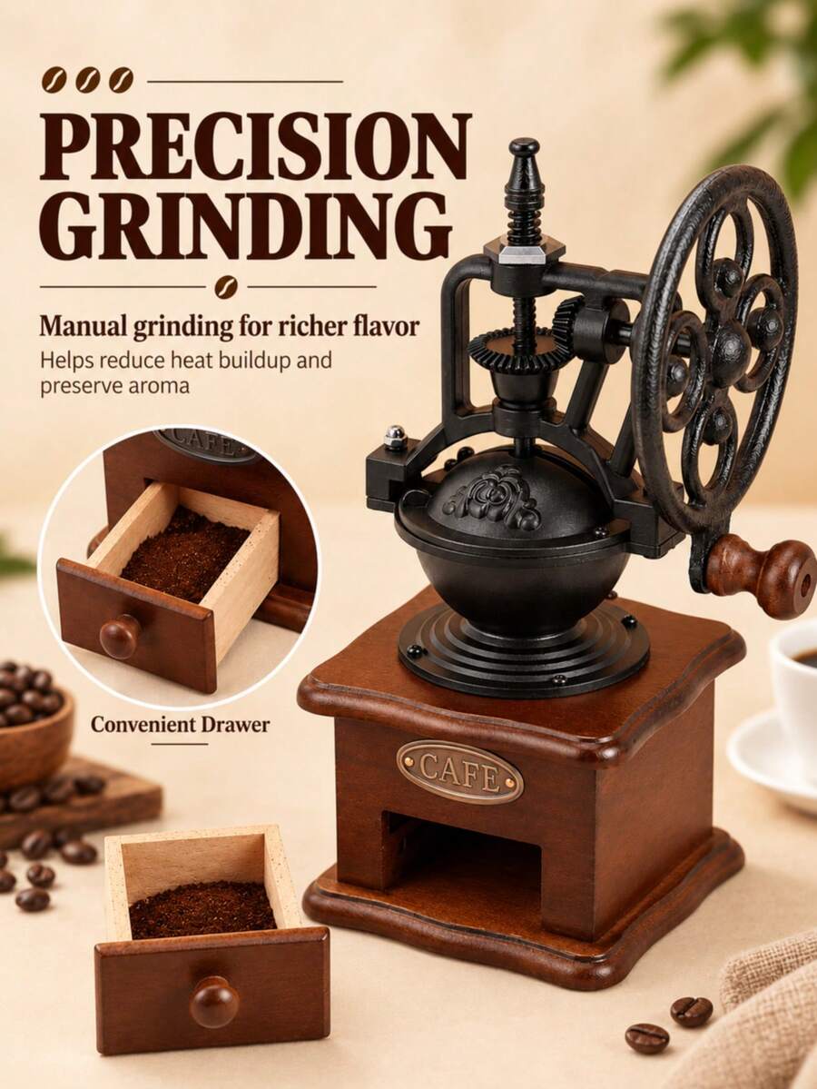 Vintage Ferris Wheel Manual Coffee Grinder, Solid Wood Base, Cast Iron Retro Hand Crank Coffee Bean Grinder, Classic Nostalgic Design, Home Coffee Bar Countertop Decor, Precise Conical Grinding, Suitable For Pour-Over Coffee Home Accessory - Multiple Styles and Colors - View 1