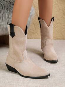 Autumn/Winter Vintage Pointed Toe Mid-Calf Western Boots Women Chunky Heel Polka Dot Versatile Shaft Boots - Beige - View 3