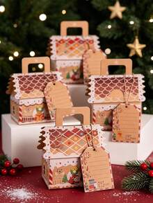 10pcs/50pcs/Pack Christmas Party Gift Candy Favor Boxes, Handheld Paper Boxes, Christmas Decoration Atmosphere Paper Boxes, 3D Christmas House - View 2