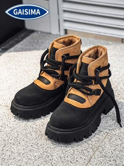 GAISIMA Nuevas botas de trabajo de ante vintage con cordones y suela gruesa para hombre, color amarillo sólido con diseño de ribete de contraste negro en el eje, botas unisex para otoño/invierno para senderismo y escalada al aire libre, botas de tacón grueso retro para uso diario