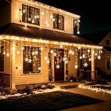 Christmas & Halloween Party Decoration Solar Powered Icicle Snowflake String Lights, Warm/Colorful/White 3 Color Modes, 4*0.6m Wave Style Hanging 16 Strands 96LEDs, 3D Hollow Snowflake Pendants, Transparent And Lightweight, Natural Snowfall Pattern, Clear Petal Outline, Soft Diffused Light, Hanging Ice & Snow Curtain Effect, Dreamy Night View - Solar Powered Snowflake Ice Bar Lights - View 2
