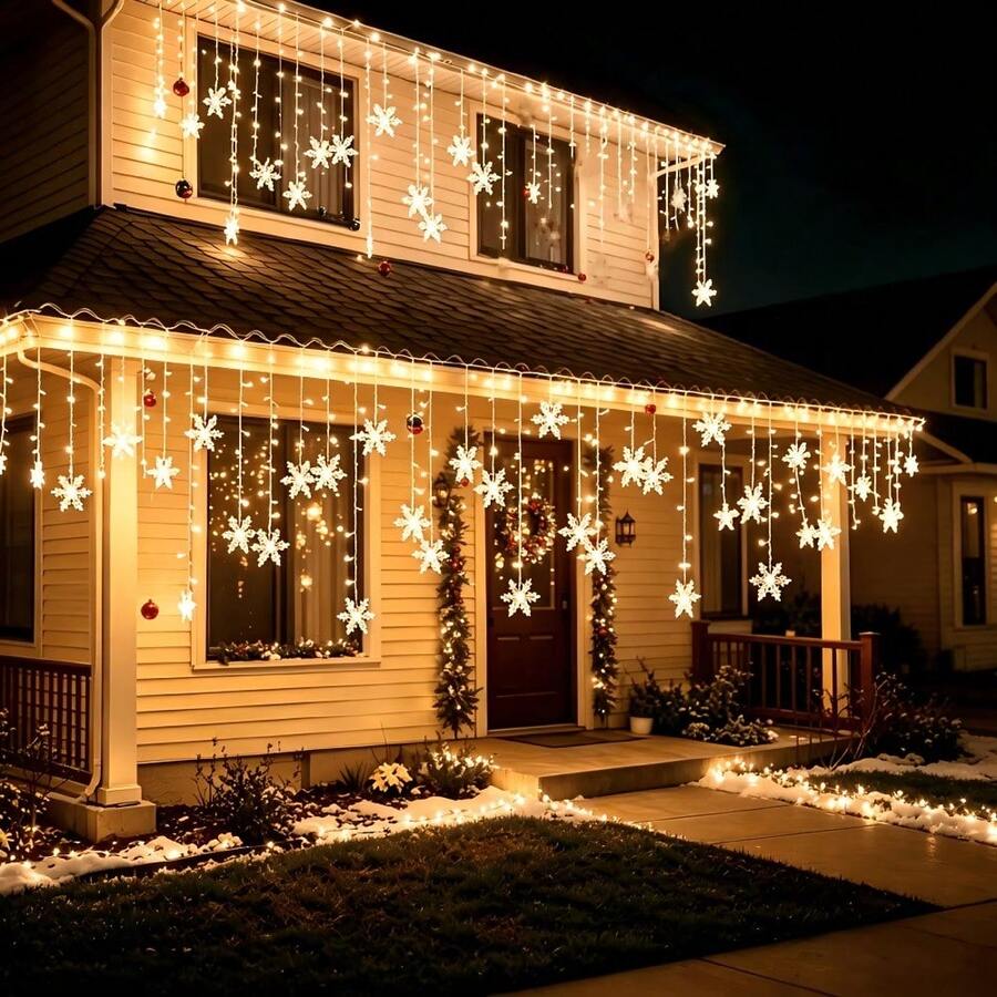 Christmas & Halloween Party Decoration Solar Powered Icicle Snowflake String Lights, Warm/Colorful/White 3 Color Modes, 4*0.6m Wave Style Hanging 16 Strands 96LEDs, 3D Hollow Snowflake Pendants, Transparent And Lightweight, Natural Snowfall Pattern, Clear Petal Outline, Soft Diffused Light, Hanging Ice & Snow Curtain Effect, Dreamy Night View