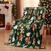 1pc Christmas Deep Green Gingerbread Man, Snowman, Christmas Tree, Candy Cane Print Flannel Blanket, Soft Polyester Fiber Throw, All Season Use, Suitable For Sofa, Camping, Travel, Holiday Gift - Multicolor - View 6