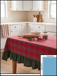 1pc Red & Green Classic Large Plaid Tablecloth, Traditional Country Style, Rectangular Green Leaf Edge With Pleated Details, Stain-Resistant Protective Table Cover, Functional Home Long Tablecloth Suitable For Christmas Family Gatherings And Winter Holiday Kitchen Decor - Red - View 16