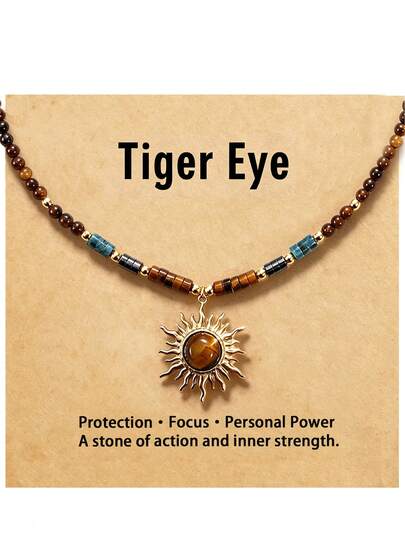 1 pieza Collar de piedra natural ojo de tigre, cuentas de piedra estilo bohemio, gargantilla curativa, collares naturales para mujeres con tarjeta de mensaje