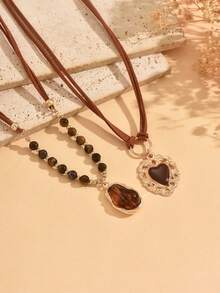 2pcs/Set Vintage Marrone Color Brown Velvet Rope Necklace With Brown Baroque And Heart Pendant, Fashionable Versatile Women's Neck Jewelry Suitable For Daily Casual, Dating, Vacation And Party Wear - Multicolor - View 3