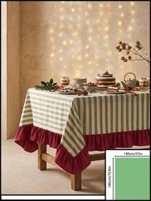1pc Green & White Thin Striped With Burgundy Ruffle Edge Tablecloth, Christmas Holiday Style Fabric Material, Rectangular Burgundy Ruffle Edge Patchwork Detail, Stain-Resistant Protection, Tabletop Decoration And Beautification Function, Suitable For Christmas Dessert Table Arrangement And Holiday Party Scenes - Red - View 18