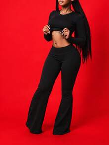 Autumn Casual Women Two Pieces Set Comfy Long Sleeve Tops Black Pant Sets Concert Outfit Women Basic Outfits For Back To School - Black - View 4