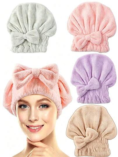 1pc/4pcs Coral Velvet Bow Hair Towel, High Absorbency Hair Drying Cap, Soft Microfiber Hair Towel. Suitable For All Hair Types, Curly, Straight, Long, Short, Thick, Fine, Coarse Curly Hair, Can Meet Your Needs. After Wearing, Hair Becomes Glossy And Smooth, No Need To Worry About Slipping.