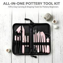 15Pcs Pottery Clay Tool Set With Portable Storage Bag, Plastic Clay Sculpting Knives & Multi-Functional Modeling Tools, DIY Handmade Ceramic Clay Carving Shaping Trimming Tools, Professional Pottery Supplies For Beginners, Kids & Pottery Enthusiasts - Pink - View 1