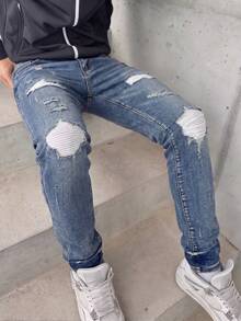 Celana Jeans Pria Slim Straight Leg dengan Detail Sobek dan Garis-Garis, Serbaguna untuk Perjalanan dan Pakaian Kasual, Celana Panjang Denim yang Membuat Tubuh Terlihat Ramping - Biru - View 1