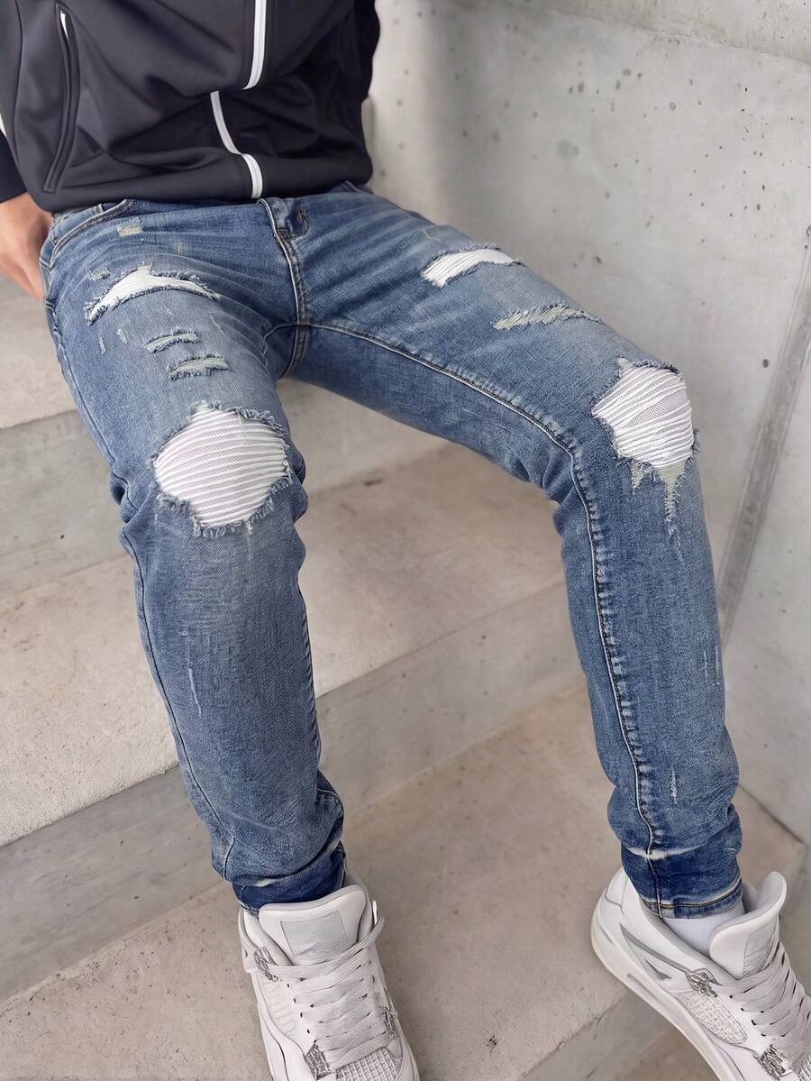 Celana Jeans Pria Slim Straight Leg dengan Detail Sobek dan Garis-Garis, Serbaguna untuk Perjalanan dan Pakaian Kasual, Celana Panjang Denim yang Membuat Tubuh Terlihat Ramping - Biru - View 1