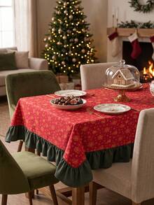 1pc Red Background Gold Christmas Bell Snowflake Print Tablecloth, Traditional Country Style, Rectangular Green Leaf Edge With Pleated Details, Stain-Resistant Protective Tablecloth For Home Long Table, Suitable For Christmas Family Gatherings And Winter Holiday Dining Room Decor - Red - View 5