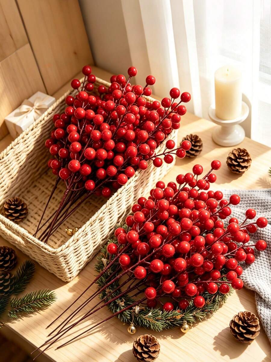 12pcs Artificial Red Berry Stems With Hawthorn, Christmas Berry Sprigs ...