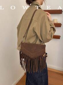 low tea 1pc Fashionable Tassel Suede Fabric Shoulder Bag, Suitable For Commuting, Shopping And More - Coffee - View 10