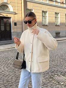 Fashionable Women's Knitted Funnel Neck Jacket, Long Sleeve Regular Fit Cardigan With Button Detail, Essential For Cool Weather - Beige - View 1