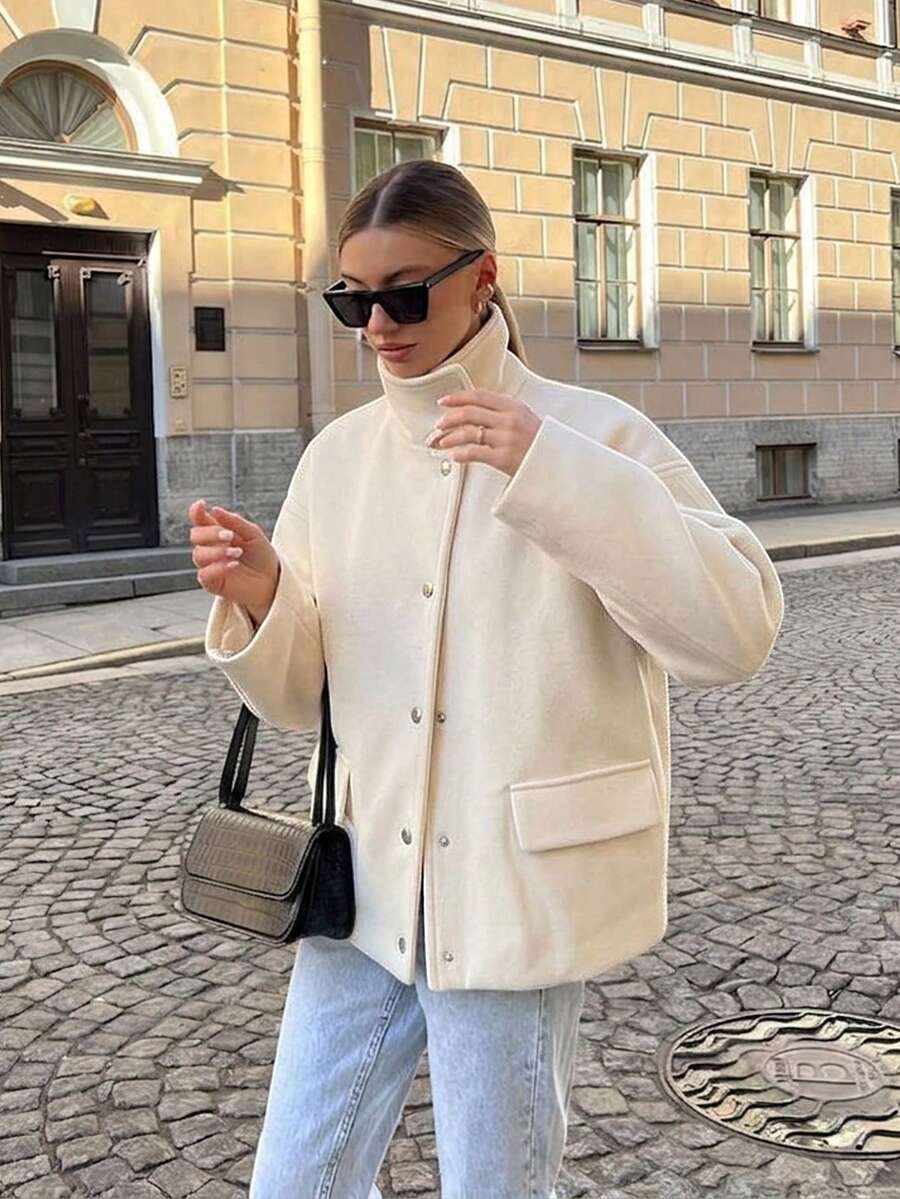 Fashionable Women's Knitted Funnel Neck Jacket, Long Sleeve Regular Fit Cardigan With Button Detail, Essential For Cool Weather - Beige - View 1