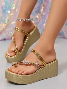 Women's Gold Metal Buckle Decor Wedge Platform Sandals, Waterproof Toe-Clip Flip Flops, Beach Holiday Daily Wear Height-Increasing Thong Slippers - Gold - View 4