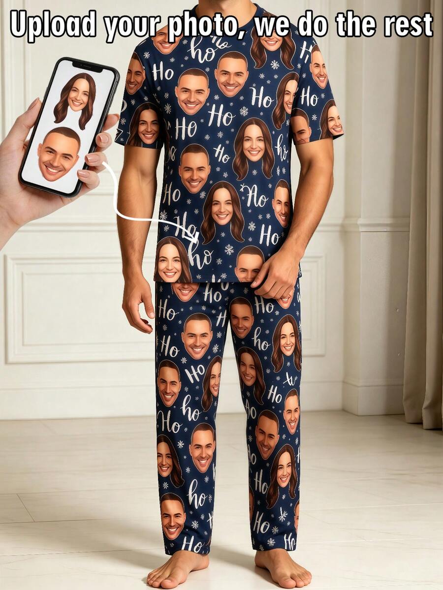 1pc Men's Customized Couple Face Photo Deep Blue Ho Ho Ho Christmas Pajama Set, Personalized Men's Short Sleeve Top & Long Pants Sleepwear Gift - Multicolor - View 1