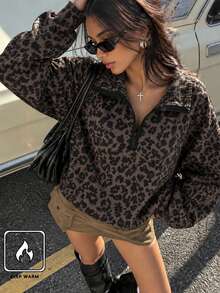 Women's Autumn/Winter Thermal Lined Leopard Print American Minimalist Half-High Neck Zipper Sweatshirt, Fashionable Versatile Style Suitable For Casual Daily Wear Or College Style - Coffee Brown - View 4