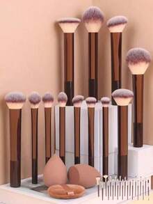 12pcs/Set Multi-Function Full Makeup Brush Set, Including Powder Brush, Blush Brush, Foundation Brush, Eyeshadow Brush, Blending Brush, Contour Brush + 1pc Round Head Brush - Brown - View 5