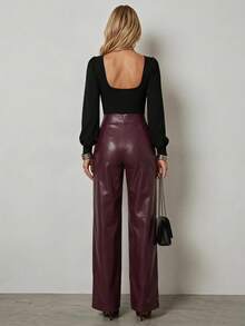 Women's High-Waisted Leather Pants With Pockets And A Slight Width Towards The Ankle., 37373 - Burgundy - View 3