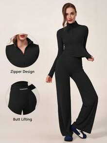 TimeOff Women's One Set Autumn/Winter Solid Color Stand Collar Jacket And High Waist Straight Leg Wide Leg Pants - Black - View 11