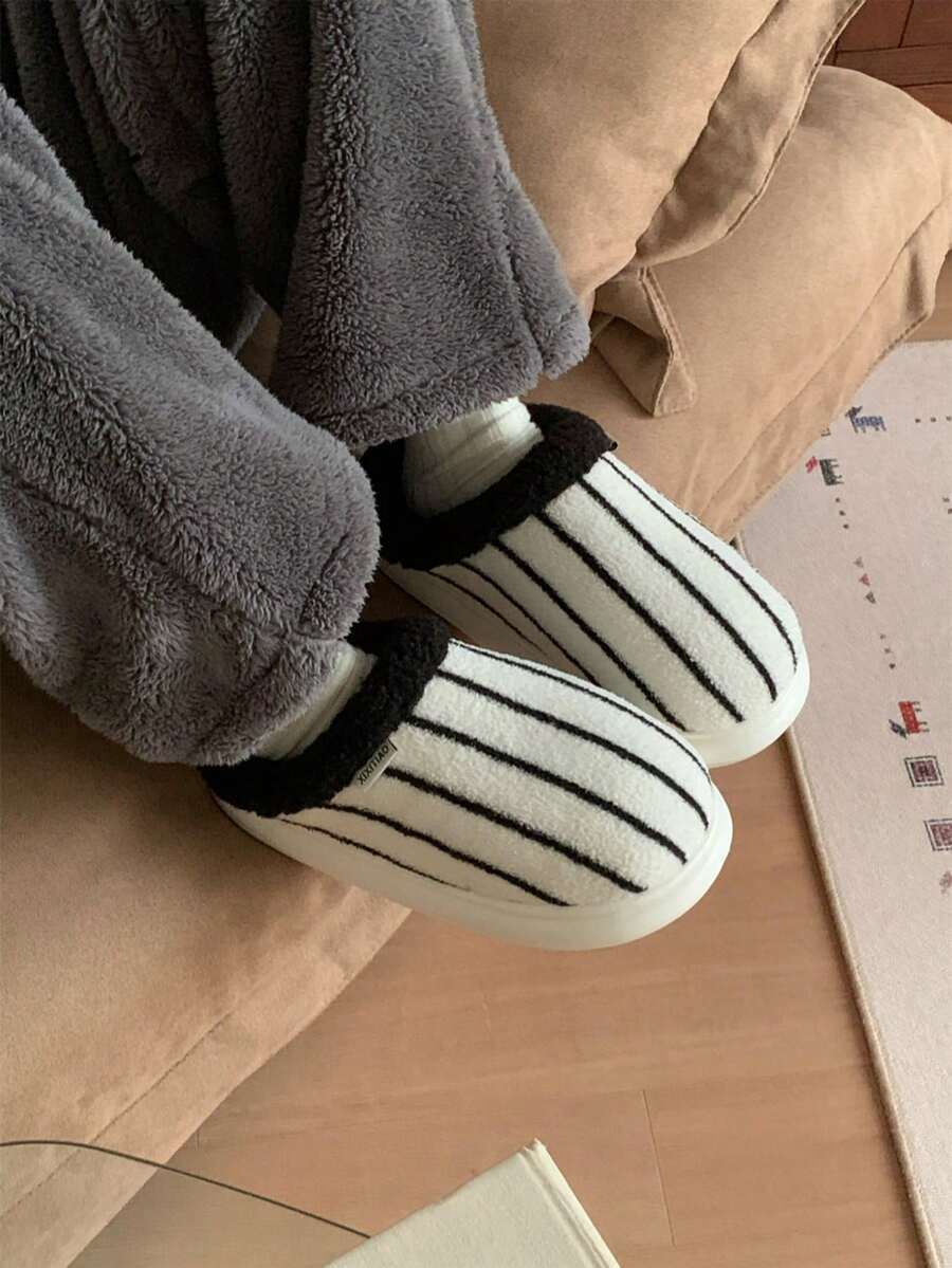 XIXITIAO Minimalist Casual Striped Slippers, Warm Winter Soft Sole House Slippers - White - View 1