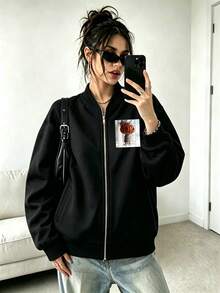 Women's Custom Logo Stand Collar Zip-Up Sweatshirt, Long Sleeve Drop Shoulder Thermal Lined Regular Fit Top, Suitable For Autumn Streetwear - Black - View 3
