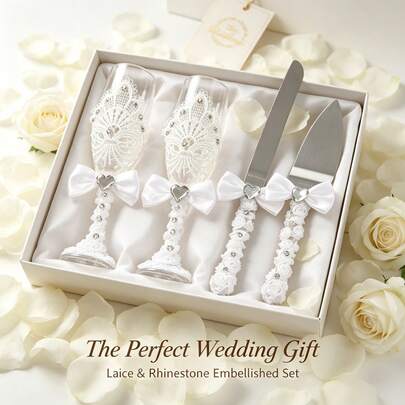 4 Piece Wedding Champagne Flutes & Cake Knife Server Set, Lace Bow Rhinestone Decor Bride Groom Toasting Glasses Cake Cutting Set, For Bridal Shower Engagement Anniversary Wedding Gift