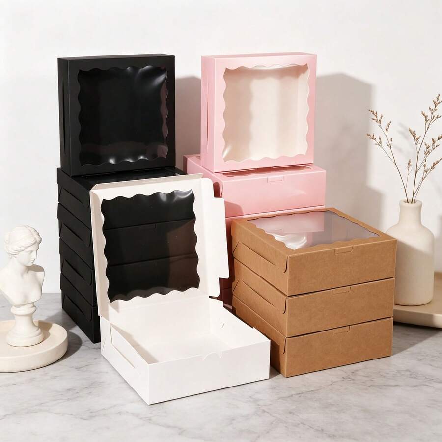 5PCS/8"X8"X2.5" Baking Boxes With Window, Suitable For Pies, Chocolate Raspberries, Detachable Heart-Shaped, Cookies And More - View 1