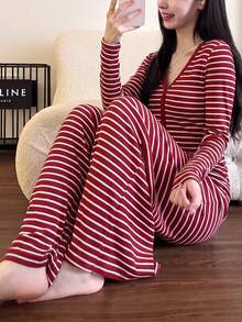 2pcs/Set Women's Pajamas Loungewear Set, Open Front V-Neck Striped Fashion Minimalist Long Sleeve Pants, Easy Care Fabric (Random Print) - Red - View 6