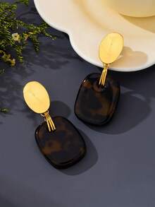 1 Pair Maillard Style Leopard Print Resin Earrings, Luxury Brushed Gold Niche Design Commuter Studs - Leopard - View 3