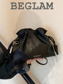 Fashion Solid Color PU Drawstring Bucket Bag, Shoulder Bag, Crossbody Bag, Suitable For Women Shopping, Dating, Gifts And Daily Use - Black - View 1