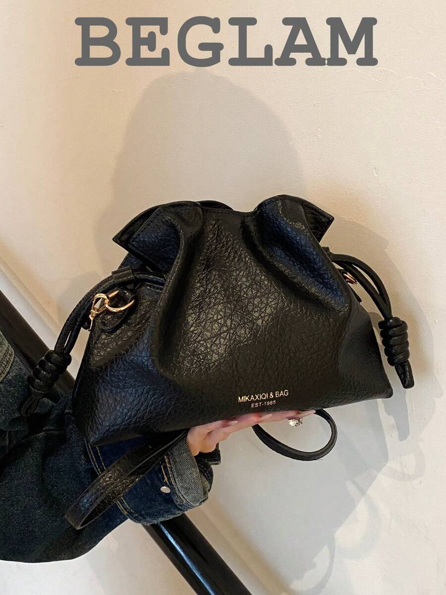 Fashion Solid Color PU Drawstring Bucket Bag, Shoulder Bag, Crossbody Bag, Suitable For Women Shopping, Dating, Gifts And Daily Use - Black - View 1