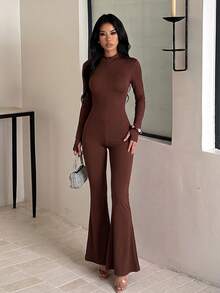 Autumn Solid Color Long Sleeve Flared Leg Jumpsuit, Street Casual Basic Party - Brown - View 4