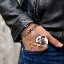 Customized Couple Projection Bracelet, Stainless Steel Cuban Chain Projection Photo Bracelet, Minimalist Personalized Metal Custom Jewelry, Customizable Couple Color Photo Projection Jewelry, Commemorative Photo Bracelet, Gift For Boyfriend, Father's Day Custom Gift - Projection Bracelet - View 1
