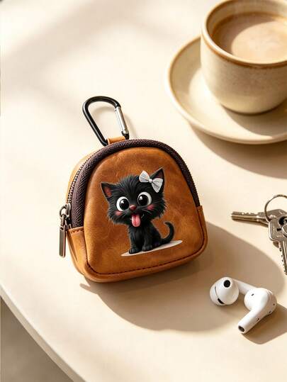 Cute Black Cat Print Mini Leather Zipper Storage Bag, Earphone Coin Key Pouch With Carabiner, Portable PU Leather Earphone Storage Bag, Outdoor Travel Mini Bag