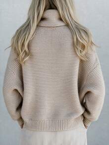 Women's Oatmeal Chunky Knit Cowl Turtleneck Drop Shoulder Oversized Pullover Sweater, Casual Lazy Cozy Fall Winter Daily Wear - Apricot - View 7