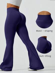 1pc High Waist Flare Elastic Ribbed Waist Belt, Slimming Design, Suitable For Dancing Spring Sports - Navy Blue - View 1