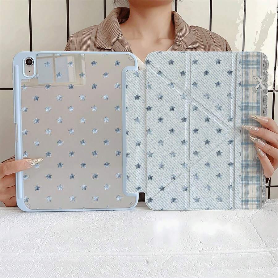 淺藍色星星格紋 Y 型支架保護平板保護套，附筆筒，相容 iPad 第 10 代 Smart Case/11(A16 2025)/相容 Galaxy S9/S7/S10+/相容 /相容